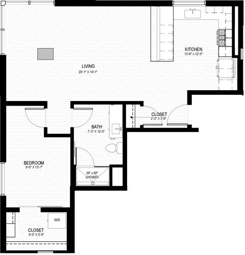 Floor plan for studio, 1 bath, 913 sqft
